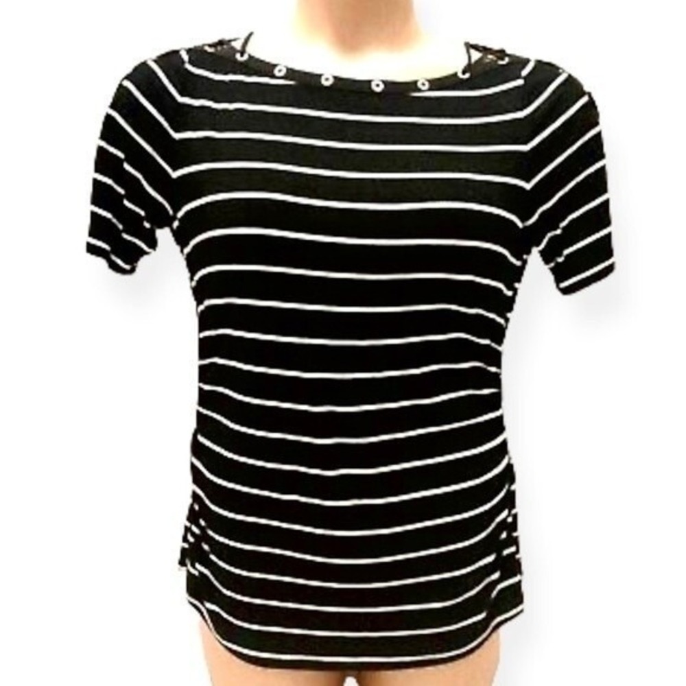 White House Black Market Striped Lace Up Shoulder T Shirt Top XS Black‎ White